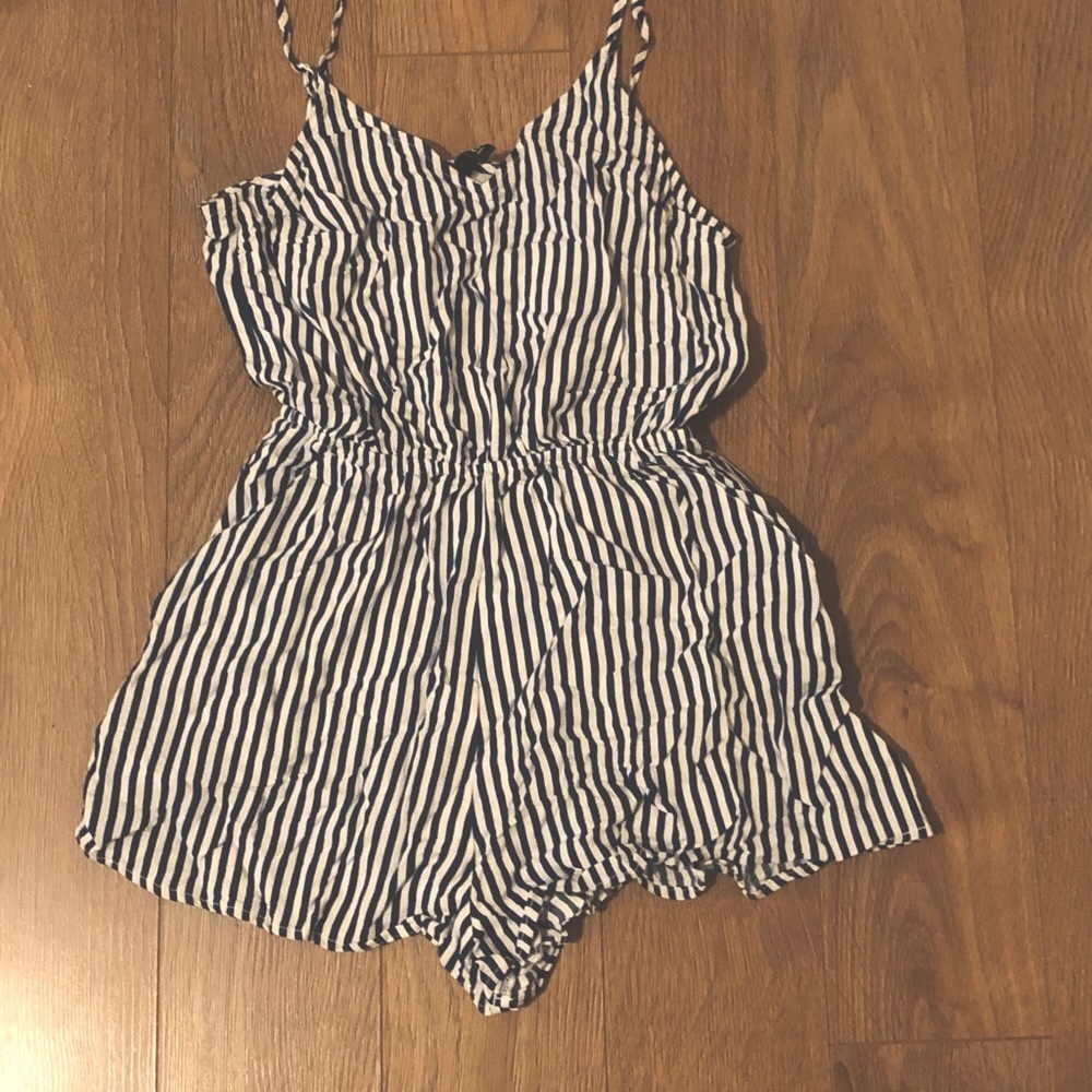 Navy + White striped romper with pockets